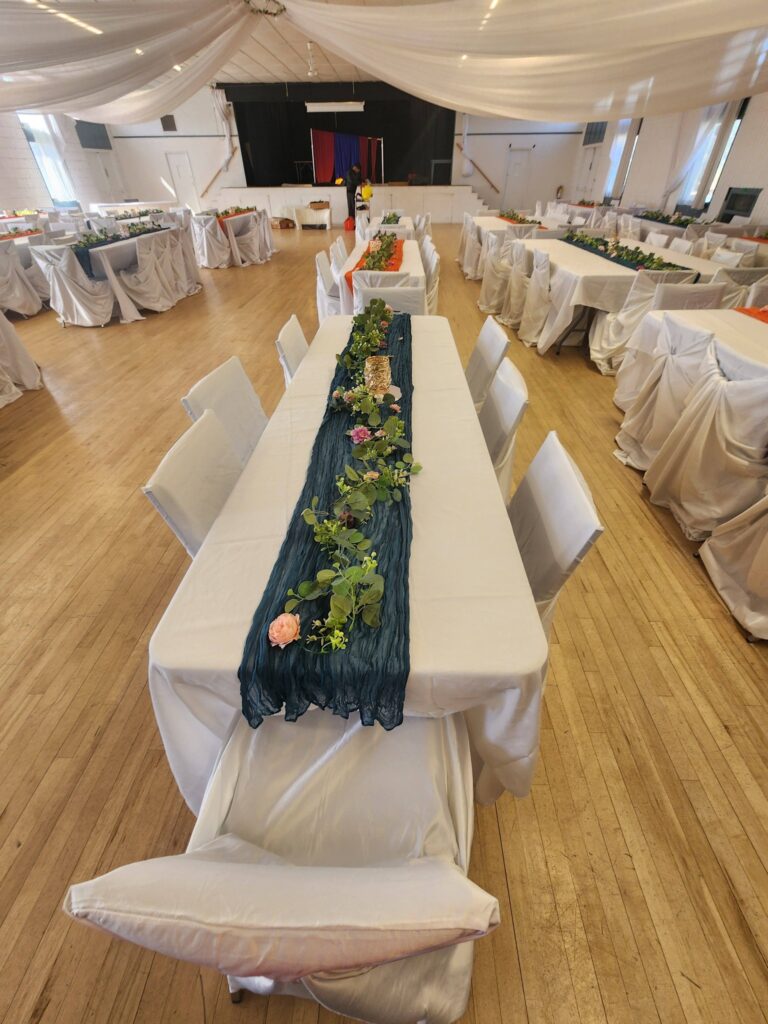 Heffley Creek tables decorated for a wedding dinner